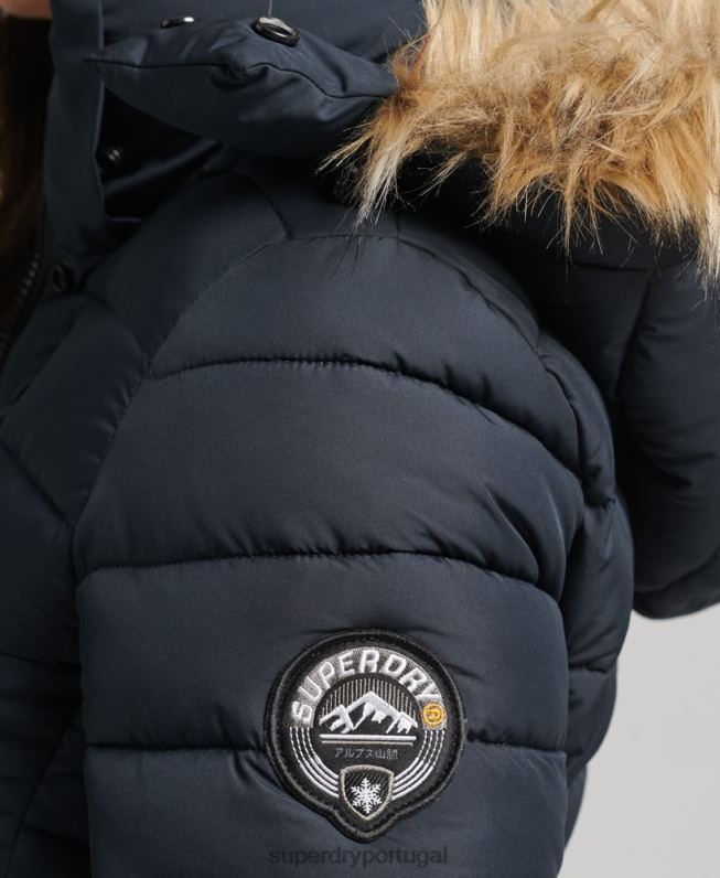 jaqueta puffer curta com capuz de pele sintética mulheres marinha roupas Superdry 2208H3640