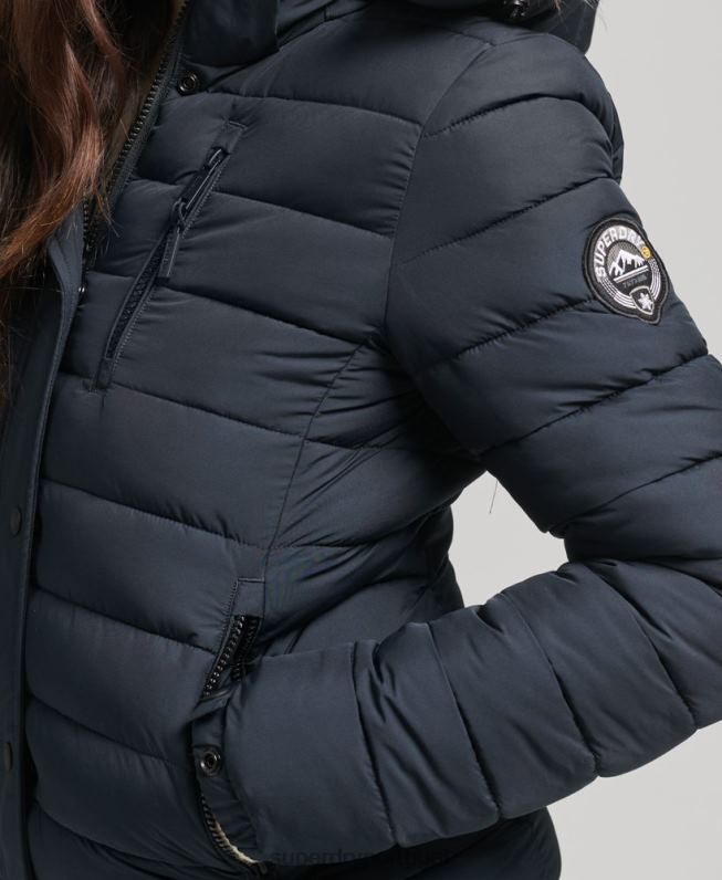 jaqueta puffer curta com capuz de pele sintética mulheres marinha roupas Superdry 2208H3640