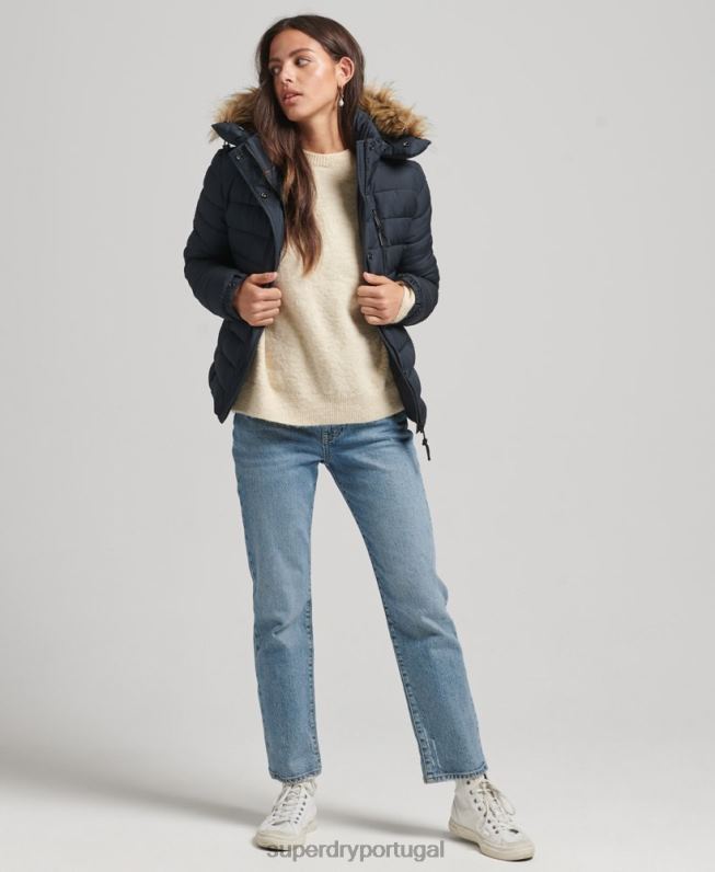 jaqueta puffer curta com capuz de pele sintética mulheres marinha roupas Superdry 2208H3640