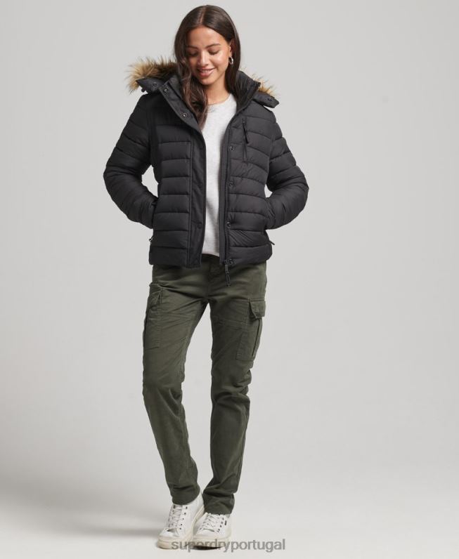 jaqueta puffer curta com capuz de pele sintética mulheres preto roupas Superdry 2208H3630