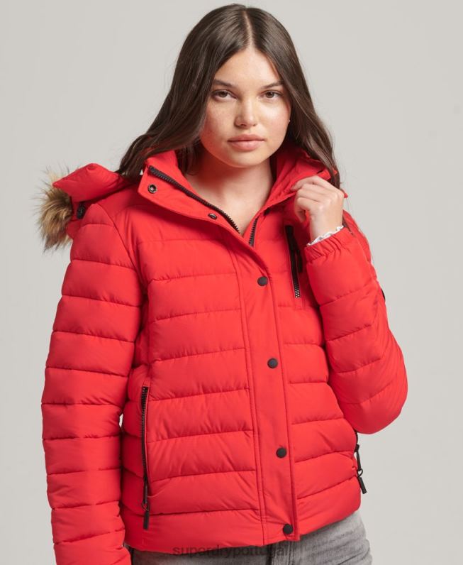 jaqueta puffer curta com capuz de pele sintética mulheres vermelho roupas Superdry 2208H5571