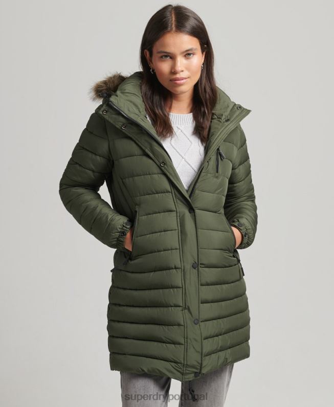jaqueta puffer de comprimento médio com capuz de pele sintética mulheres caqui roupas Superdry 2208H3715