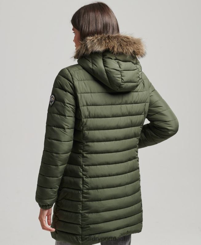 jaqueta puffer de comprimento médio com capuz de pele sintética mulheres caqui roupas Superdry 2208H3715