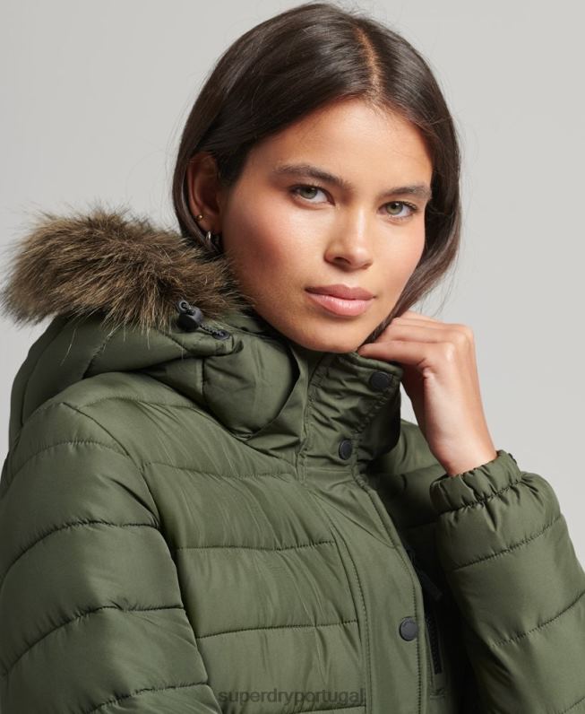 jaqueta puffer de comprimento médio com capuz de pele sintética mulheres caqui roupas Superdry 2208H3715