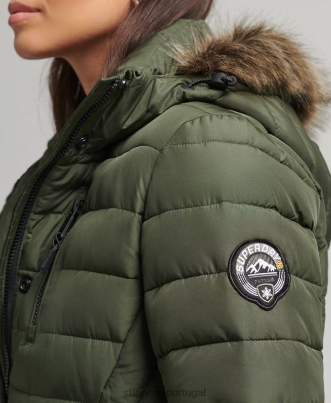 jaqueta puffer de comprimento médio com capuz de pele sintética mulheres caqui roupas Superdry 2208H3715
