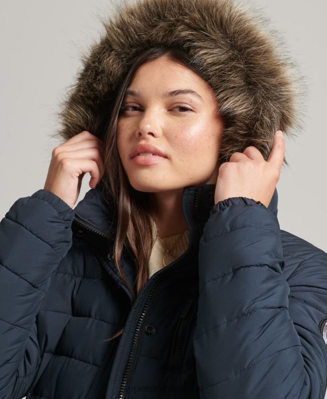 jaqueta puffer de comprimento médio com capuz de pele sintética mulheres marinha roupas Superdry 2208H3605