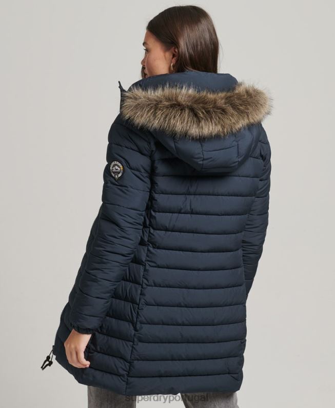 jaqueta puffer de comprimento médio com capuz de pele sintética mulheres marinha roupas Superdry 2208H3605