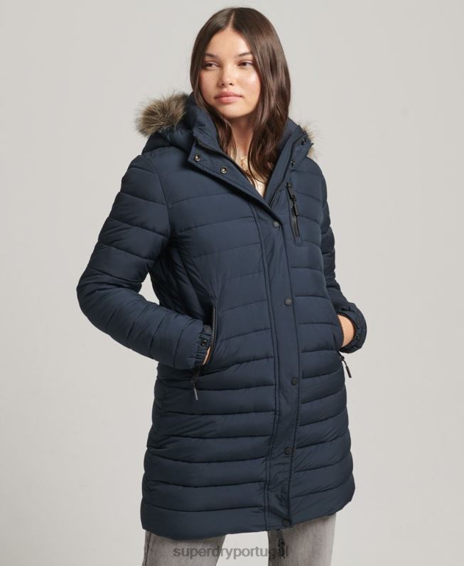 jaqueta puffer de comprimento médio com capuz de pele sintética mulheres marinha roupas Superdry 2208H3605