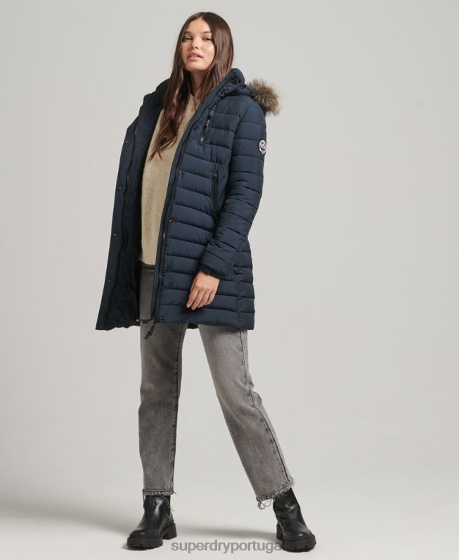 jaqueta puffer de comprimento médio com capuz de pele sintética mulheres marinha roupas Superdry 2208H3605