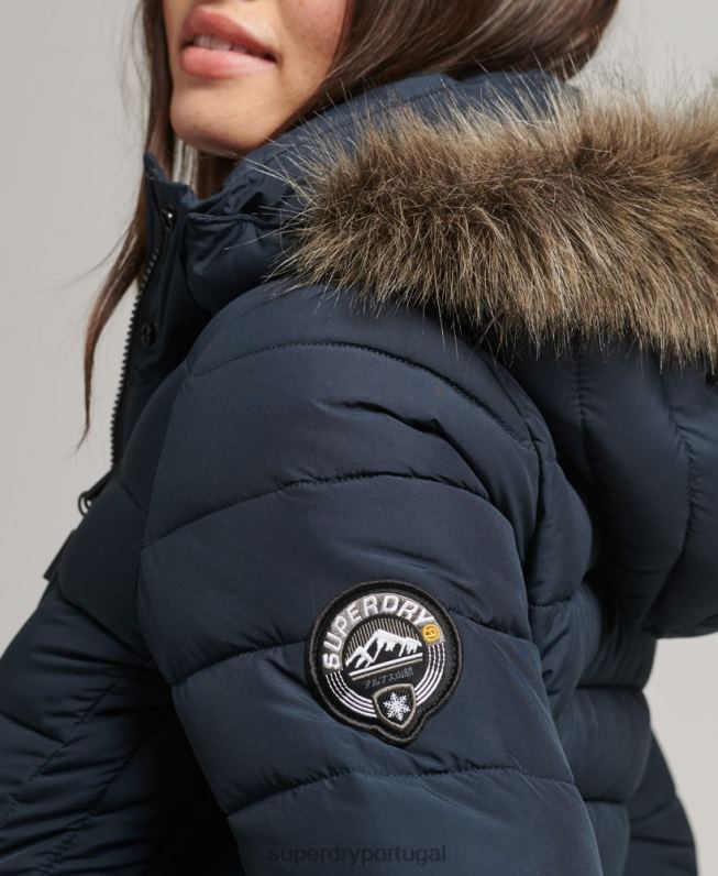 jaqueta puffer de comprimento médio com capuz de pele sintética mulheres marinha roupas Superdry 2208H3605