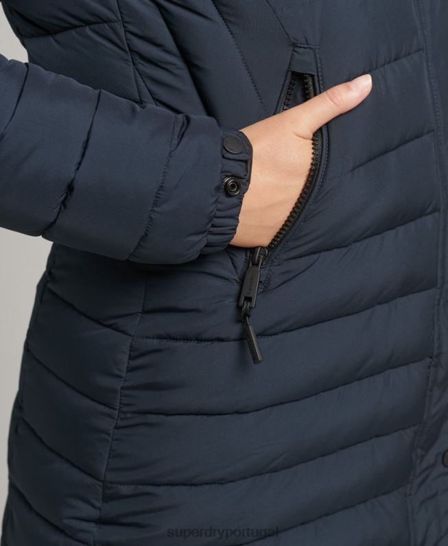 jaqueta puffer de comprimento médio com capuz de pele sintética mulheres marinha roupas Superdry 2208H3605