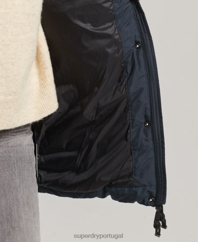 jaqueta puffer de comprimento médio com capuz de pele sintética mulheres marinha roupas Superdry 2208H3605