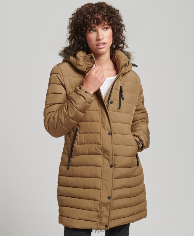 jaqueta puffer de comprimento médio com capuz de pele sintética mulheres marrom roupas Superdry 2208H3748