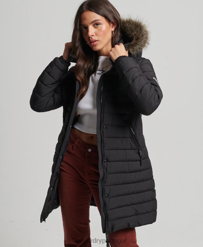 jaqueta puffer de comprimento médio com capuz de pele sintética mulheres preto roupas Superdry 2208H3550