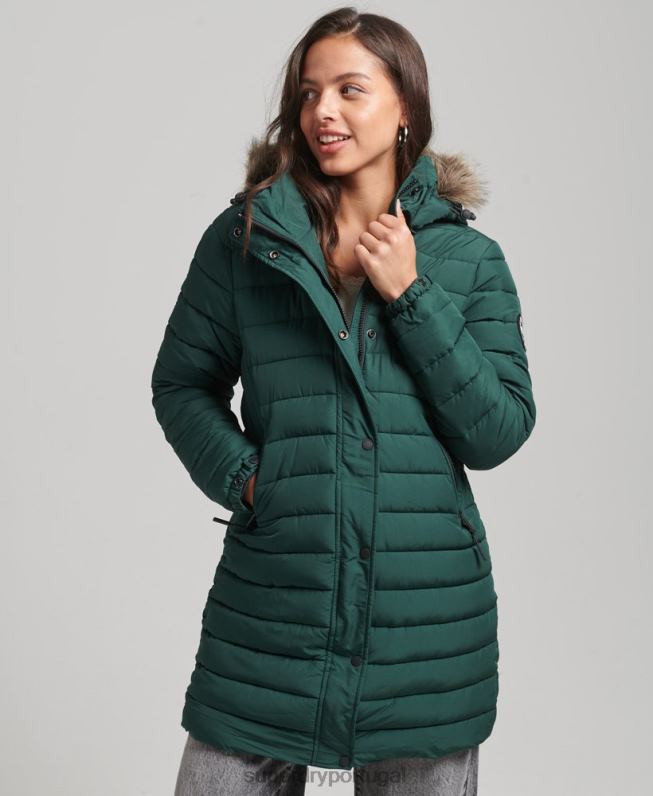 jaqueta puffer de comprimento médio com capuz de pele sintética mulheres verde roupas Superdry 2208H3636