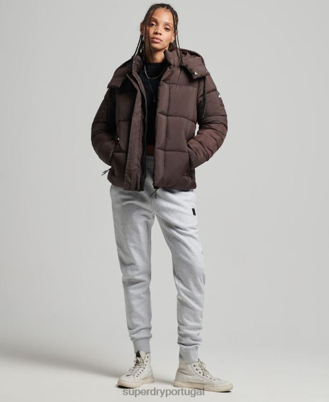 jaqueta puffer ripstop com capuz mulheres marrom roupas Superdry 2208H3576