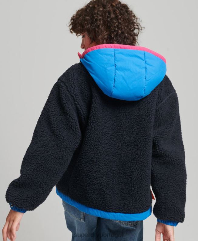 jaqueta sherpa com capuz mulheres marinha roupas Superdry 2208H5722