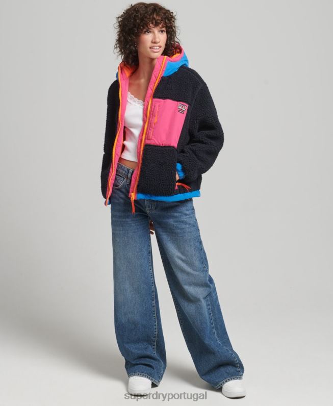 jaqueta sherpa com capuz mulheres marinha roupas Superdry 2208H5722