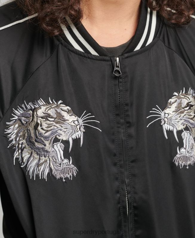 jaqueta sukajan vintage mulheres cinza escuro roupas Superdry 2208H3542