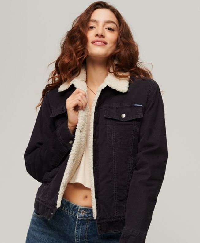 jaqueta trucker cordão sherpa mulheres preto roupas Superdry 2208H3817