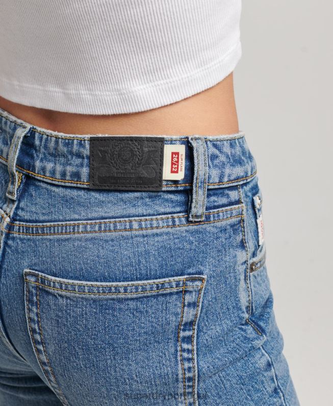 calça jeans flare cintura média de algodão orgânico mulheres azul escuro roupas Superdry 2208H3872