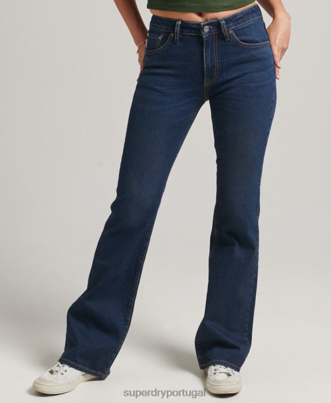 calça jeans flare cintura média de algodão orgânico mulheres azul escuro roupas Superdry 2208H3883