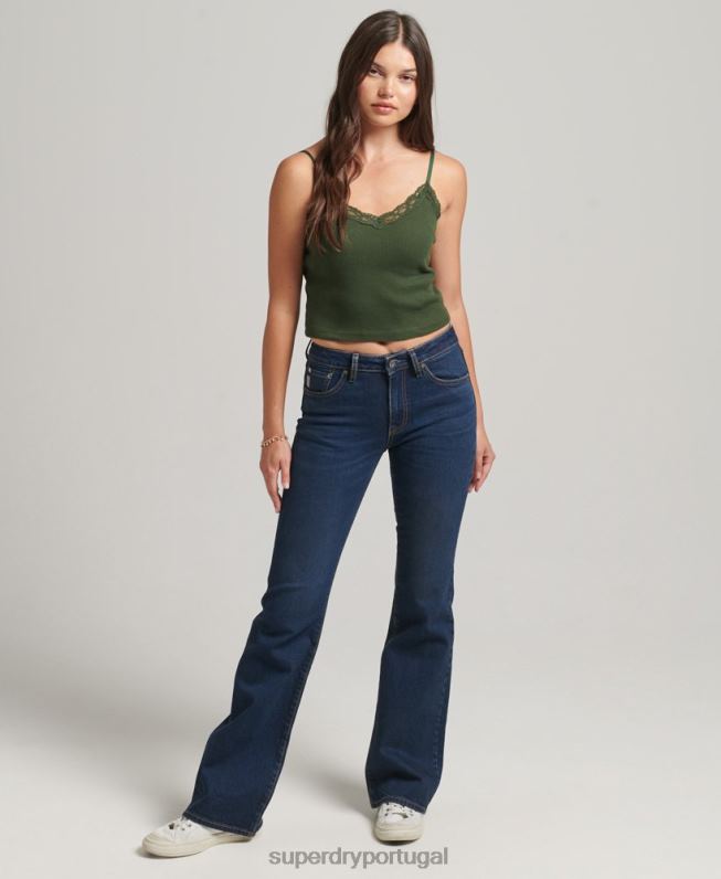 calça jeans flare cintura média de algodão orgânico mulheres azul escuro roupas Superdry 2208H3883