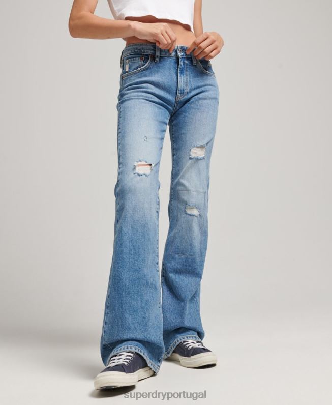 calça jeans flare cintura média de algodão orgânico mulheres azul roupas Superdry 2208H3887
