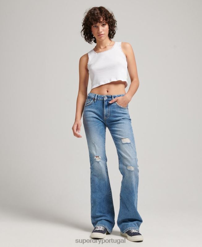 calça jeans flare cintura média de algodão orgânico mulheres azul roupas Superdry 2208H3887