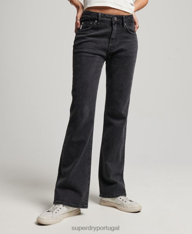 calça jeans flare cintura média de algodão orgânico mulheres preto roupas Superdry 2208H3876