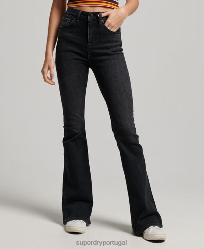 calça skinny flare cintura alta de algodão orgânico mulheres cinza escuro roupas Superdry 2208H3867