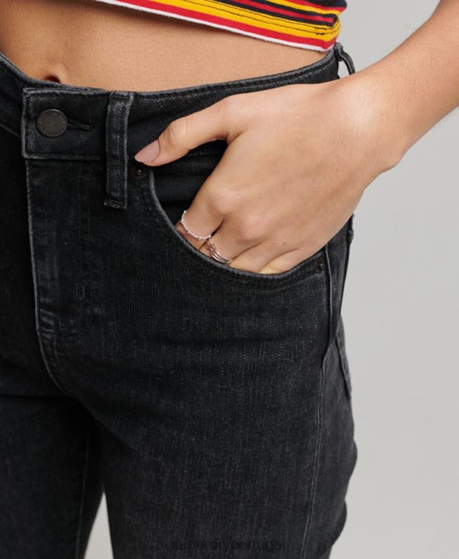 calça skinny flare cintura alta de algodão orgânico mulheres cinza escuro roupas Superdry 2208H3867
