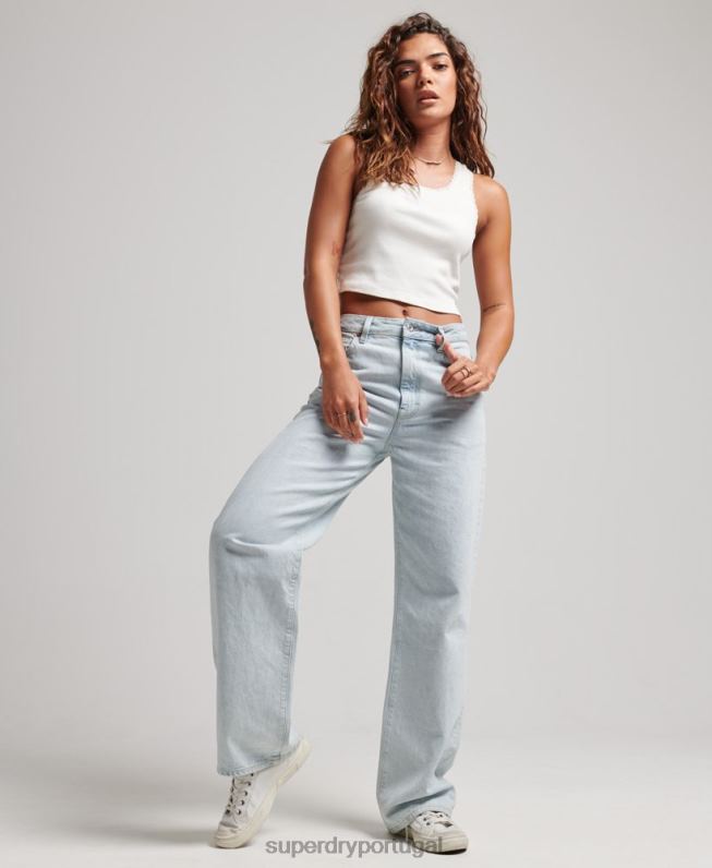 jeans de perna larga de algodão orgânico mulheres azul claro roupas Superdry 2208H3871