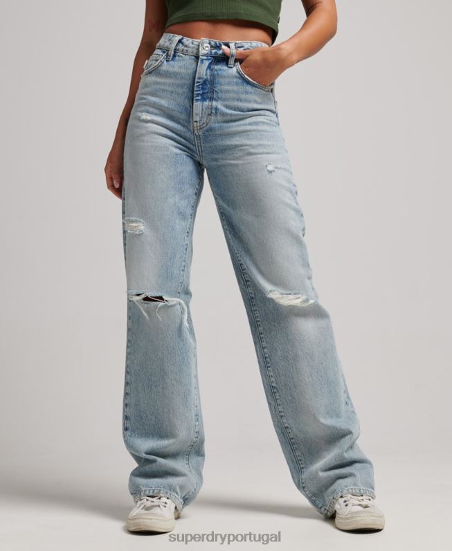 jeans de perna larga de algodão orgânico mulheres azul claro roupas Superdry 2208H3888