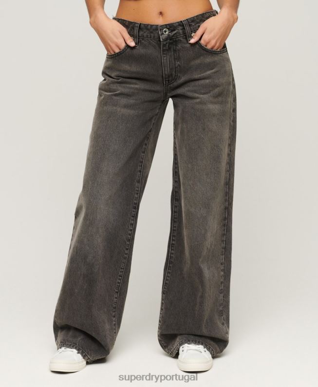 jeans de perna larga de algodão orgânico mulheres cinza roupas Superdry 2208H3879