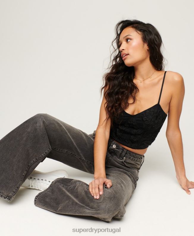 jeans de perna larga de algodão orgânico mulheres cinza roupas Superdry 2208H3879