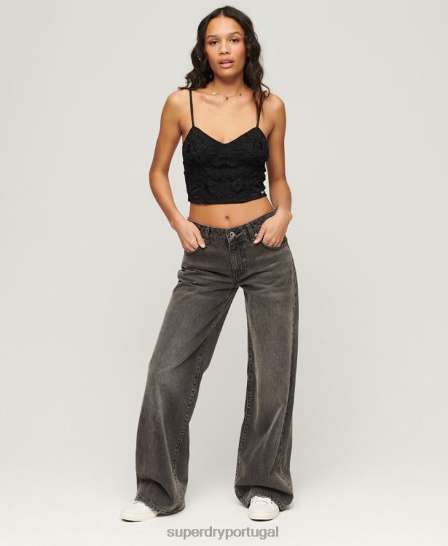 jeans de perna larga de algodão orgânico mulheres cinza roupas Superdry 2208H3879