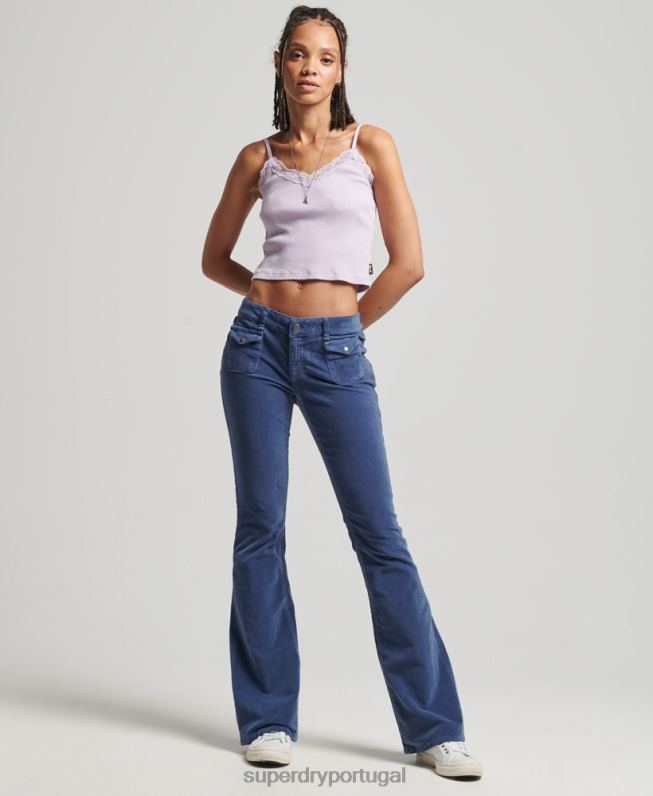 jeans flare de veludo cintura baixa mulheres azul roupas Superdry 2208H2585