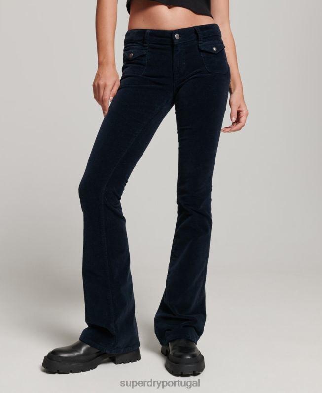 jeans flare de veludo cintura baixa mulheres marinha roupas Superdry 2208H2572