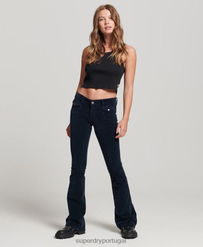 jeans flare de veludo cintura baixa mulheres marinha roupas Superdry 2208H2572