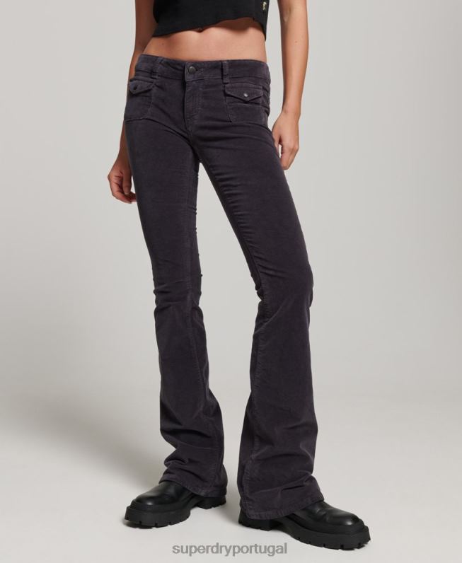 jeans flare de veludo cintura baixa mulheres preto roupas Superdry 2208H2596
