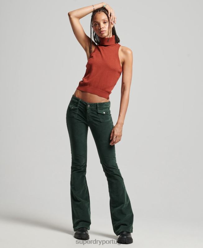 jeans flare de veludo cintura baixa mulheres verde roupas Superdry 2208H2597
