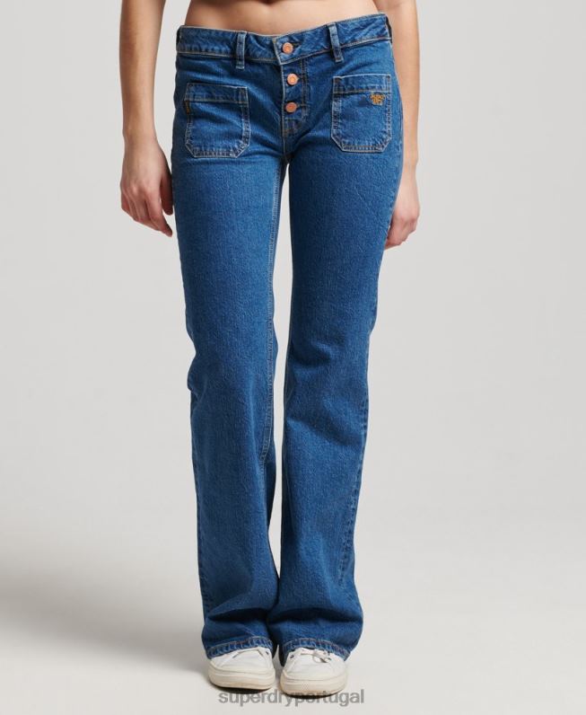 jeans flare vintage de cintura baixa de algodão orgânico mulheres azul escuro roupas Superdry 2208H3893