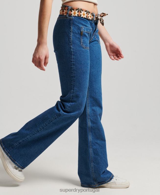 jeans flare vintage de cintura baixa de algodão orgânico mulheres azul escuro roupas Superdry 2208H3893