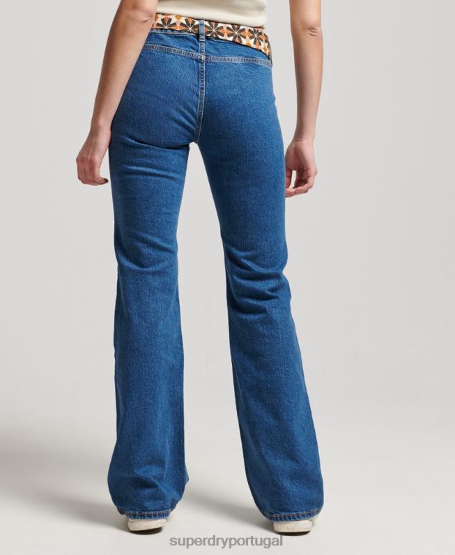jeans flare vintage de cintura baixa de algodão orgânico mulheres azul escuro roupas Superdry 2208H3893