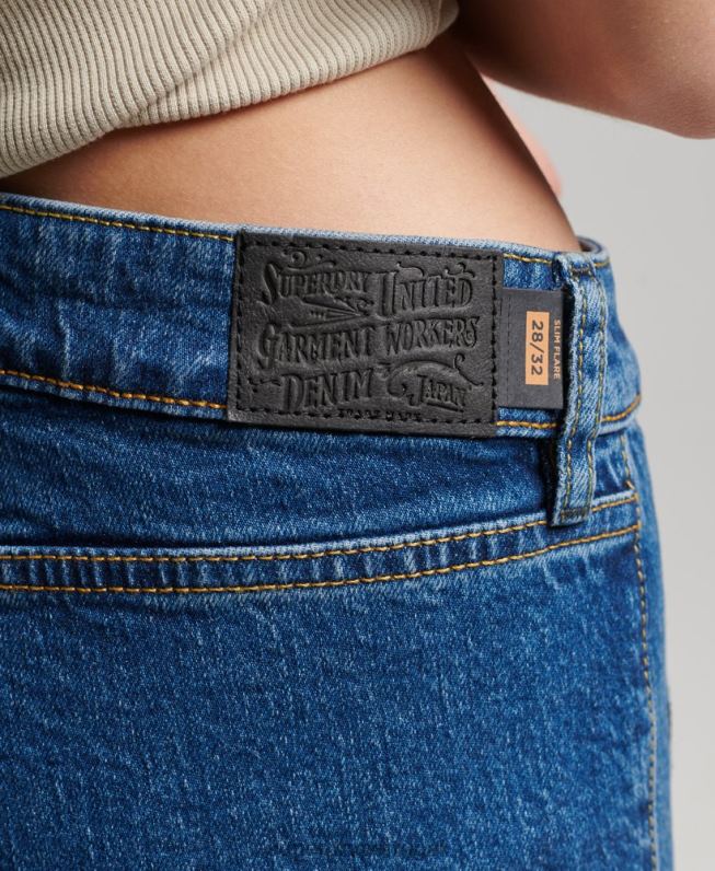 jeans flare vintage de cintura baixa de algodão orgânico mulheres azul escuro roupas Superdry 2208H3893