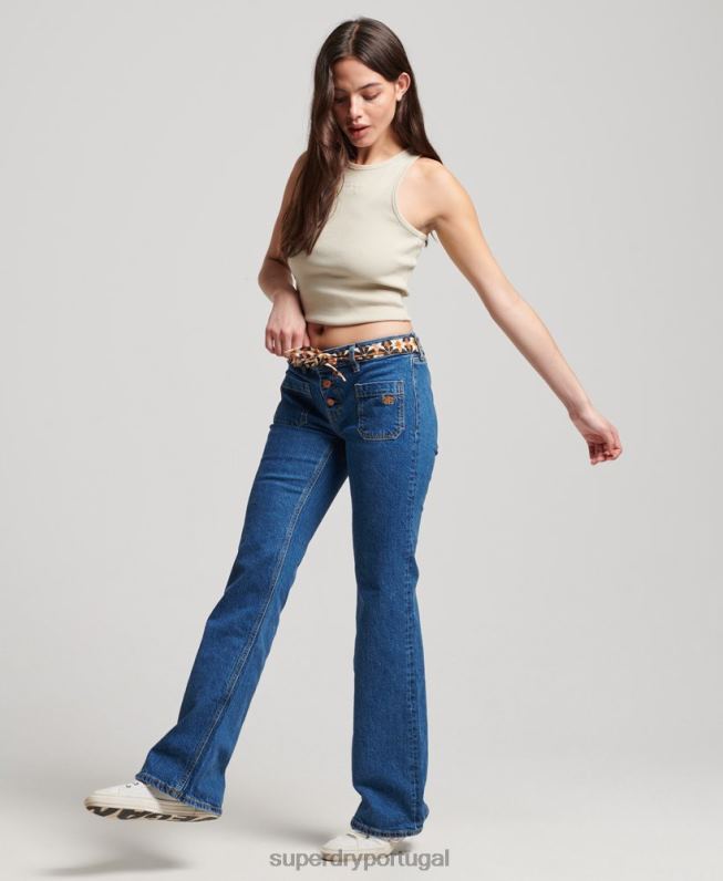 jeans flare vintage de cintura baixa de algodão orgânico mulheres azul escuro roupas Superdry 2208H3893