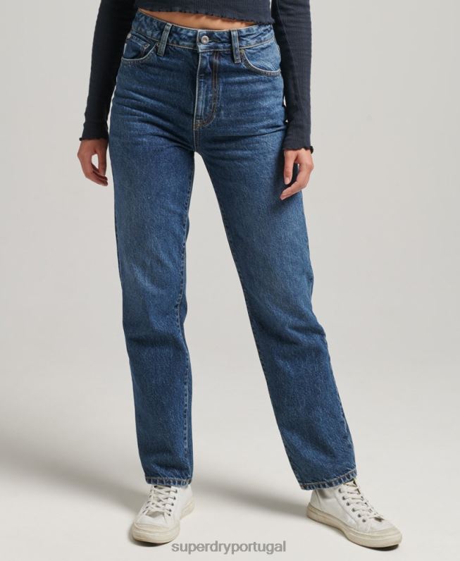 jeans retos de cintura alta de algodão orgânico mulheres azul escuro roupas Superdry 2208H3892