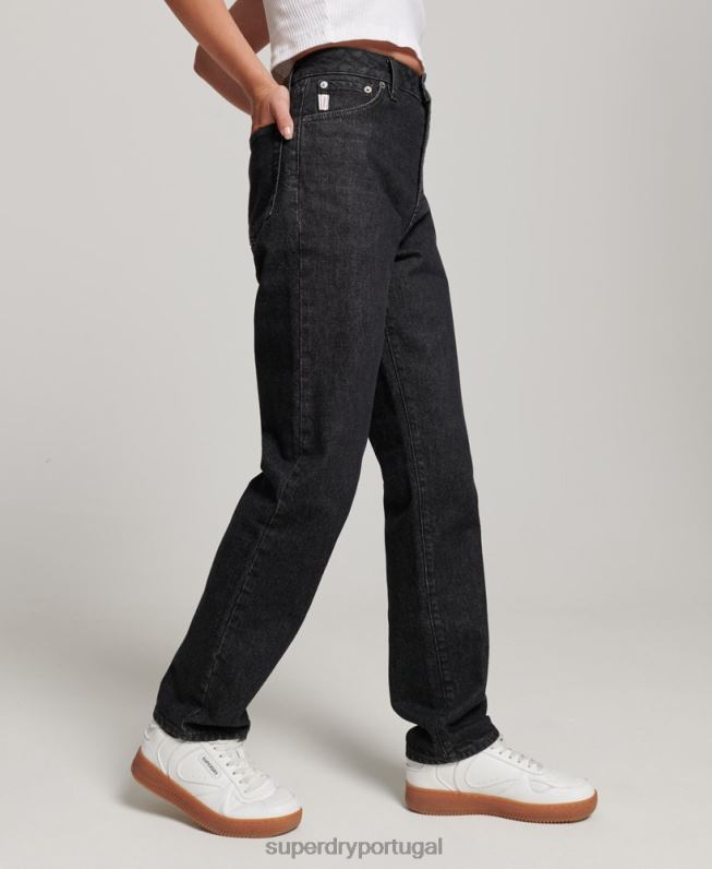 jeans retos de cintura alta de algodão orgânico mulheres preto roupas Superdry 2208H3864