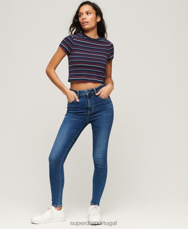 jeans skinny cintura alta de algodão orgânico mulheres azul escuro roupas Superdry 2208H3873